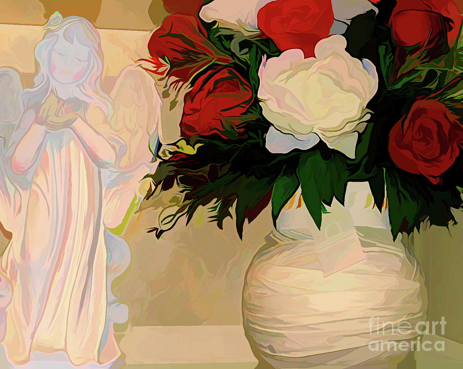 Angel Statue and Red and White Roses in Vase Abstract Acrylic Effect Photograph by Rose Santuci-Sofranko