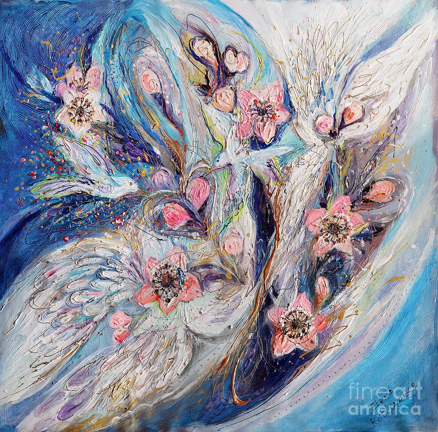 Angel Wings #22. The Blossoming on Blue Painting by Elena Kotliarker