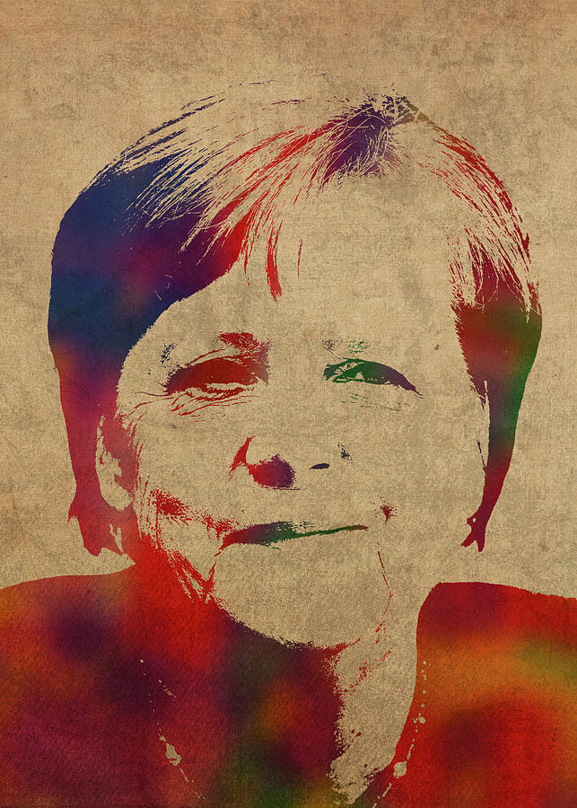 Portrait Mixed Media - Angela Merkel Watercolor Portrait on Distressed Canvas by Design Turnpike