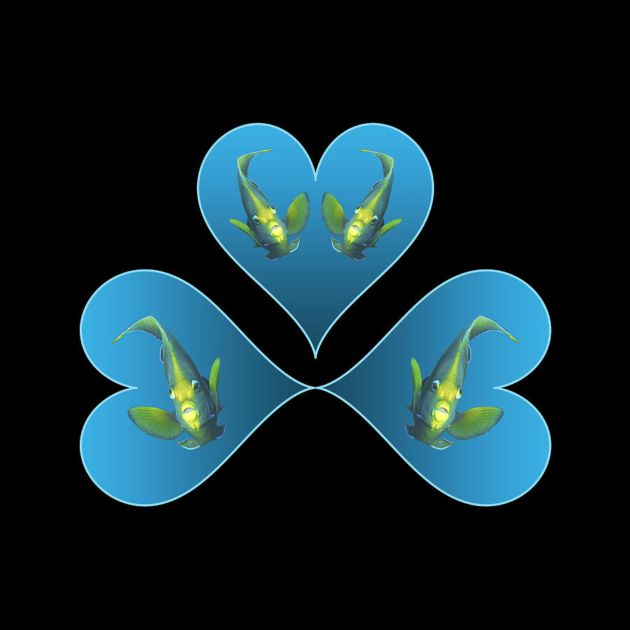Angelfish - Three blue hearts for a colorful fish - Design on black background -  Mixed Media by Ute Niemann