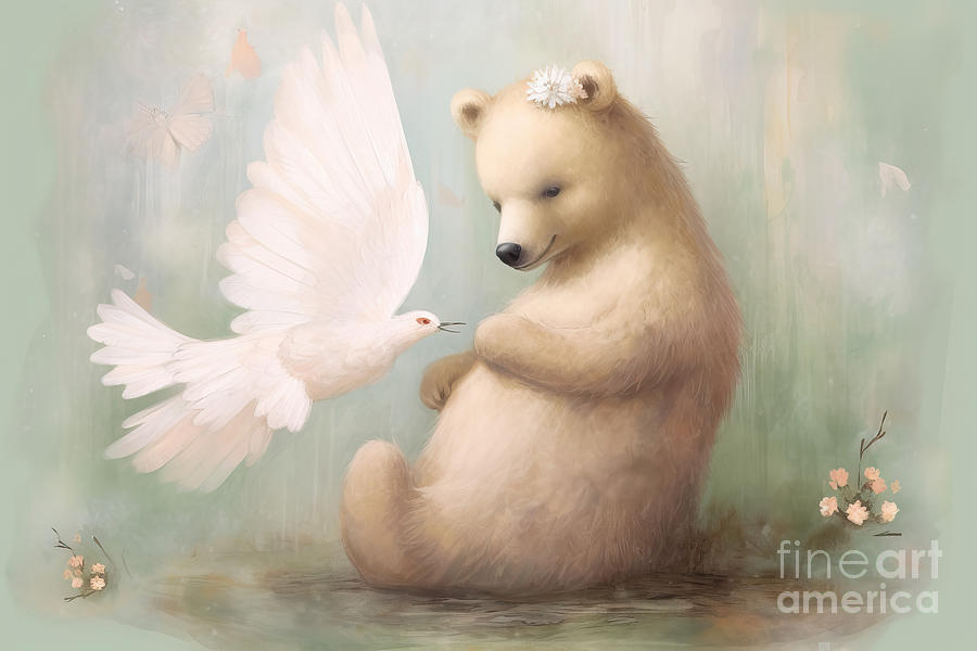 Animal Painting - Angelic Bear and the Little Bird by N Akkash