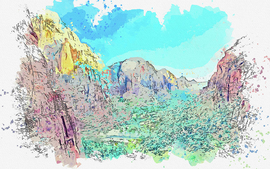 Sunset Painting - Angels Landing Utah Zion National Park, watercolor, by Ahmet Asar by Celestial Images