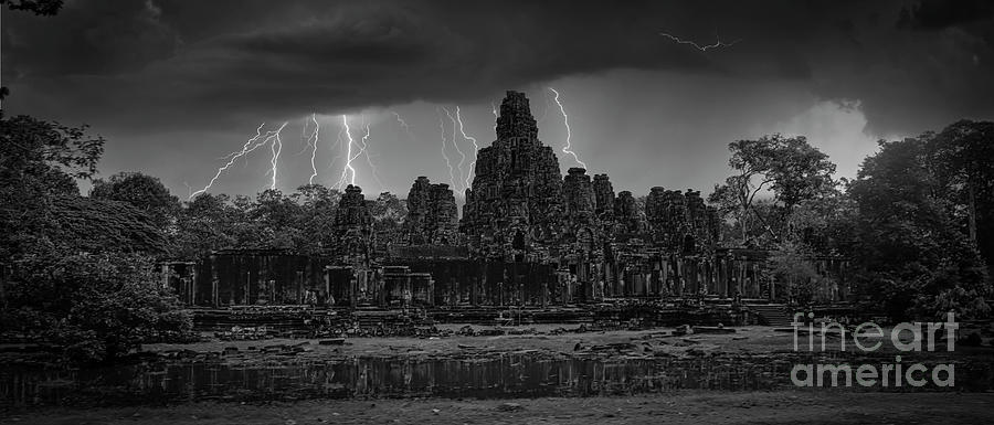 Angkor Wat Lightning BW  Photograph by Chuck Kuhn