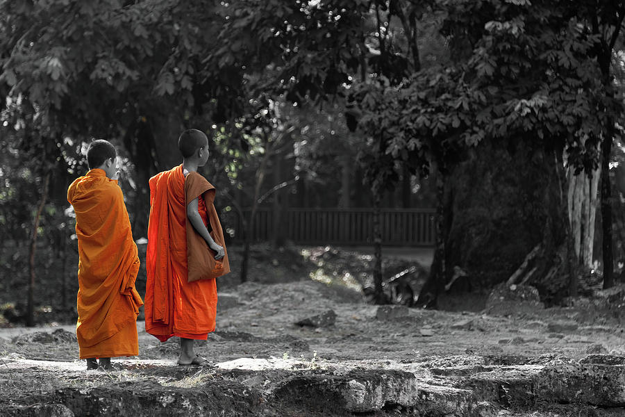 Angkor wats little monks. Cambodia  Photograph by Lie Yim