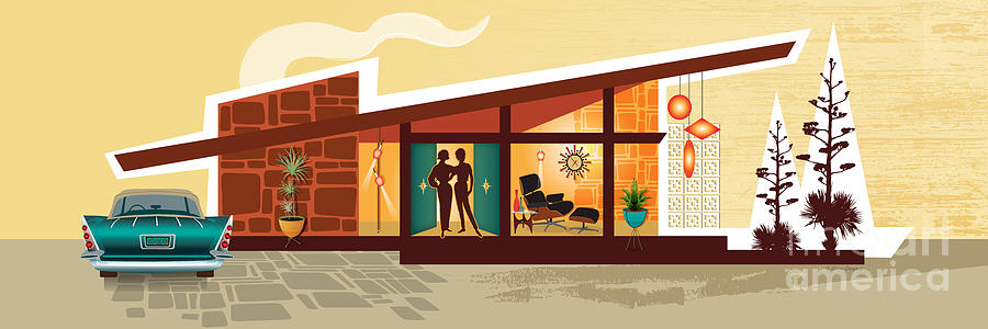 Angle Roof Mid Century Modern House Female Couple Panorama Digital Art by Diane Dempsey