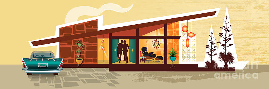 Angle Roof Mid Century Modern House Male Couple Panorama Digital Art by Diane Dempsey