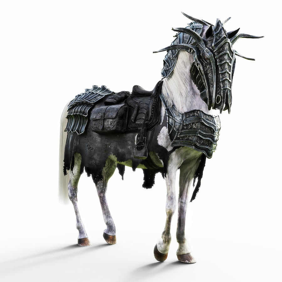 Angled view of a posing armored white war horse on a isolated white ...