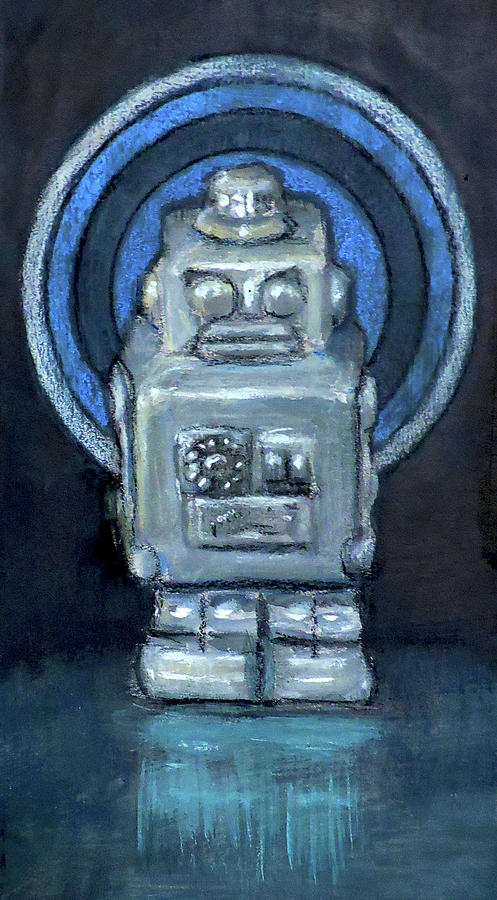 Angry Blue Robot Painting by John Morris