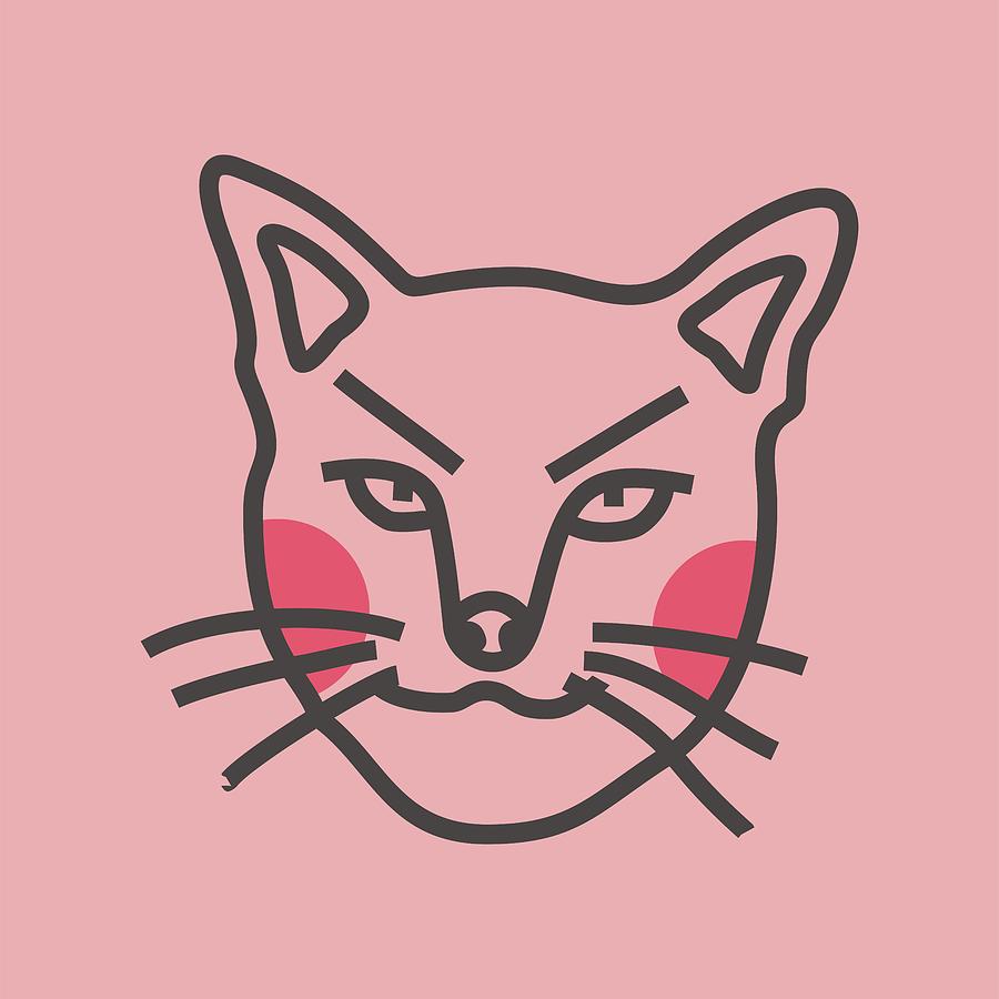 Angry Cat Cute With Pink Background Line Art Digital Art