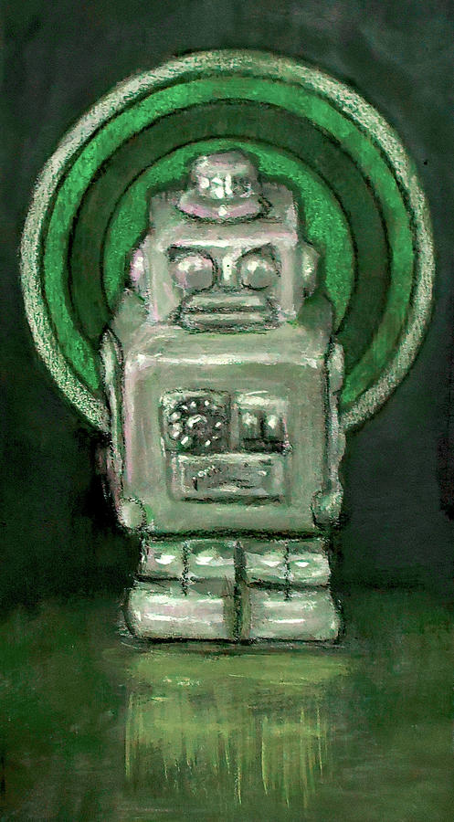 Angry Green Robot Painting by John Morris