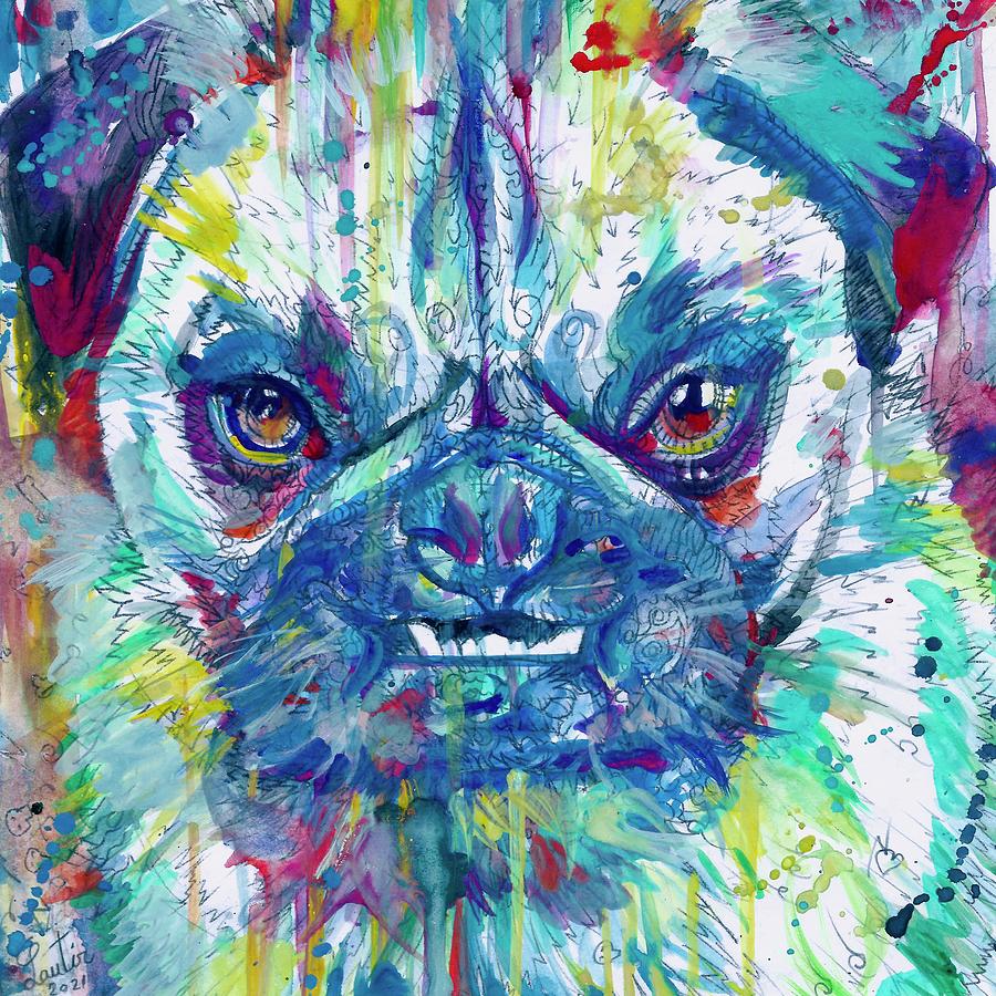 Pug Painting - ANGRY PUG watercolor portrait by Fabrizio Cassetta