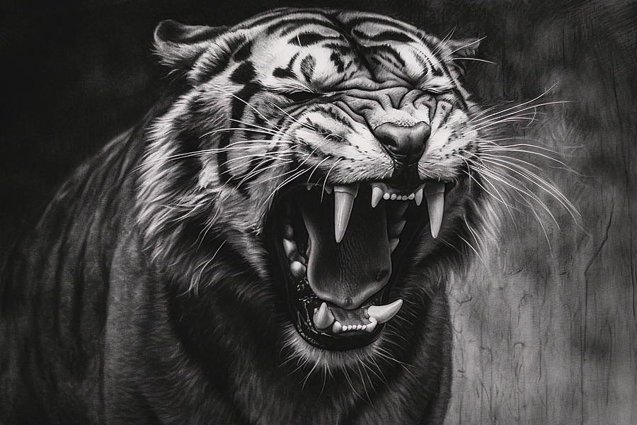 Wildlife Drawing - Angry tiger charcoal drawing by David Mohn