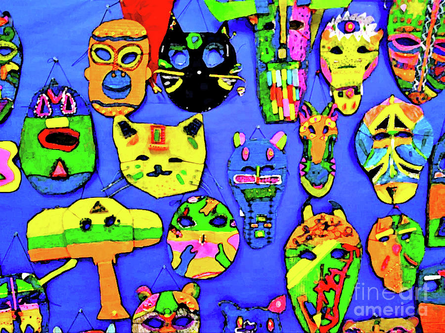 Animal Masks With Blue Background Digital Art by Genevieve Esson