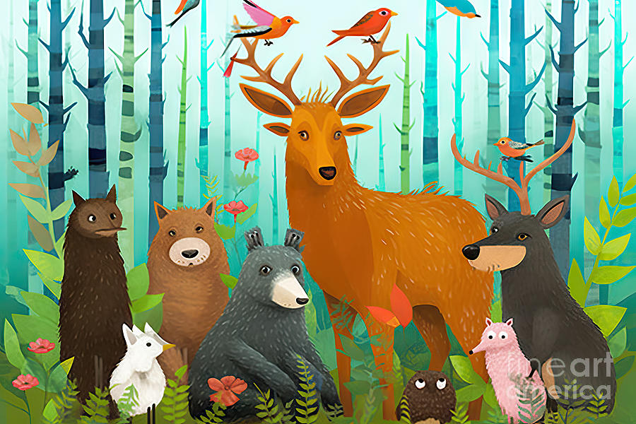 Moose Painting - Animals Friends bear moose rabbit and wolf in the forest happy s by N Akkash