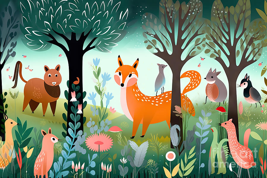 Wildlife Painting - Animals In Woods Wallpaper For Children Cute Animal Characters I by N Akkash