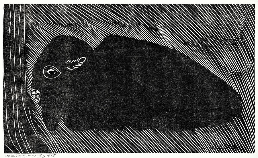 Animals - Lying Bison - Black and White Painting by Samuel Jessurun de Mesquita