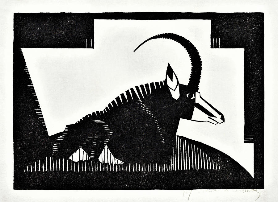 Animals - Sabel Antilope - Black and White Painting by Samuel Jessurun de Mesquita