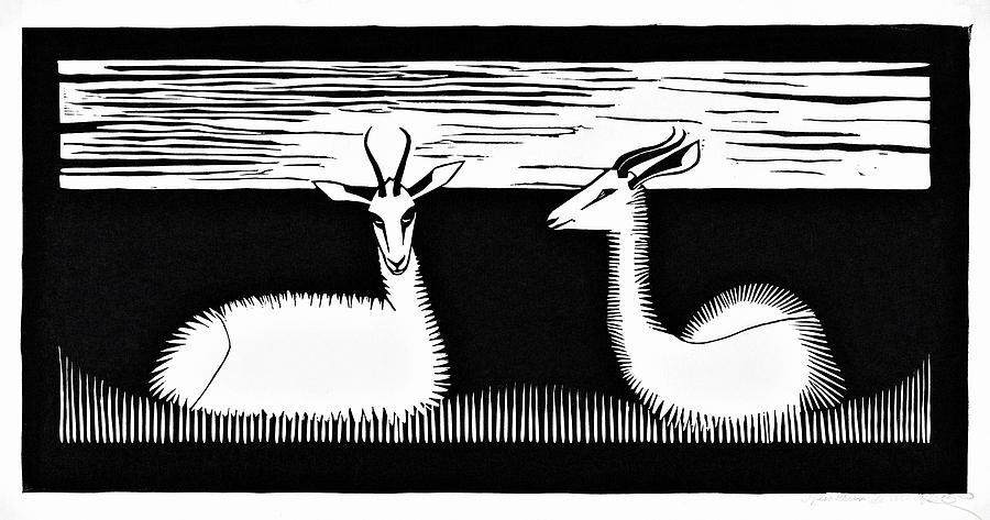 Animals - Two gazelles,Twee gazellen - Black and White Painting by Samuel Jessurun de Mesquita