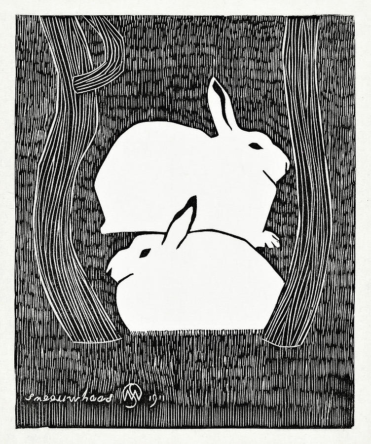 Animals - Two snow hares - Black and White Painting by Samuel Jessurun de Mesquita
