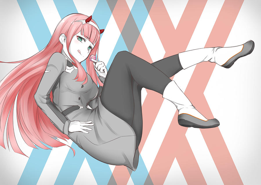 Anime Darling In The Franxx Zero Two Long Hair Pink Hair Green Eyes Horns Lollipop Digital Art