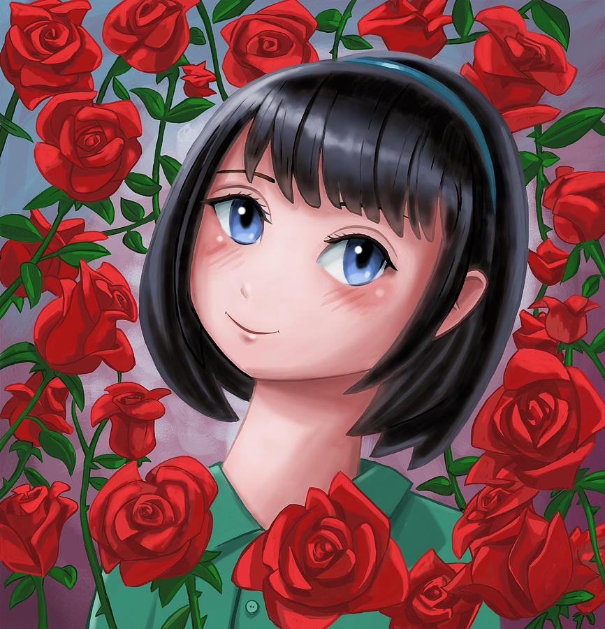 Anime girl with roses Digital Art by Martin Davey