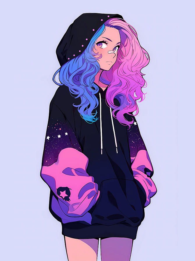 Anime Hooded Girl Blue and Pink Hair Digital Art by Julio Cesar - Fine ...