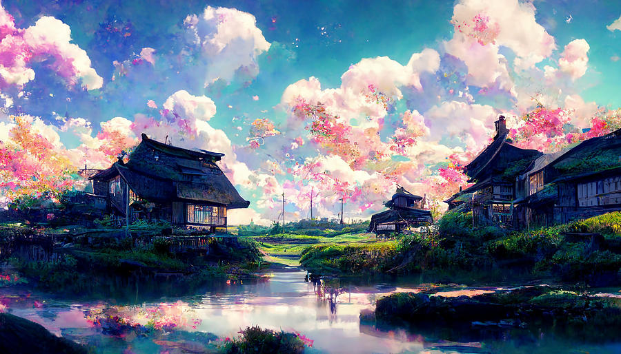 anime  illustration  Japanese  countryside  village  sea  Fantasy  Ky  481ed1ca  1cae  4aab  8525  4 Painting by Celestial Images