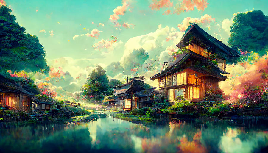 anime  illustration  Japanese  countryside  village  sea  Fantasy  Ky  66b22a6b  81d8  4641  a46a  4 Painting by Celestial Images