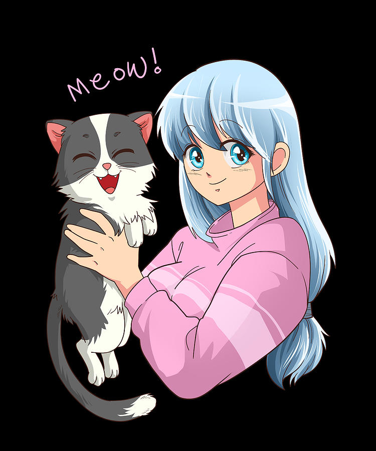 cute anime girl light blue hair cat - AI Photo Generator - starryai