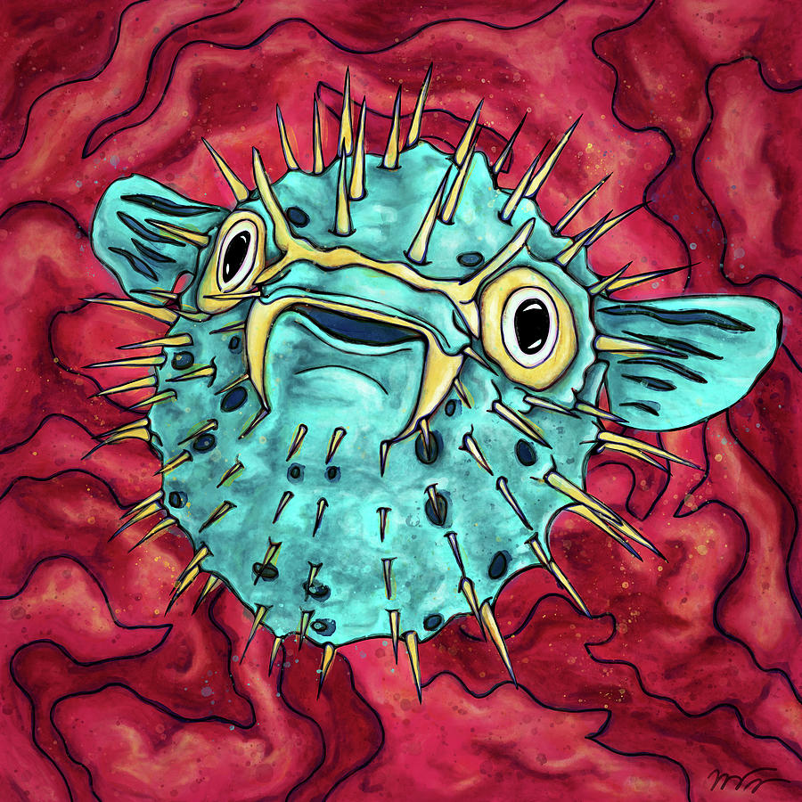 Anime porcupine fish painting, cute puffer fish Painting by Nadia CHEVREL