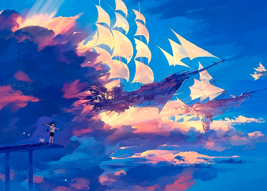 Anime sky ship Poster Painting by Selina Miller - Fine Art America