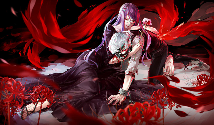 Anime Tokyo Ghoul Ken Kaneki Rize Kamishiro Girl Boy Kagune White Hair ...