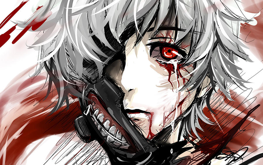 Anime Tokyo Ghoul Ken Kaneki Tears Red Eyes White Hair Blood Mask Close Up Boy Digital Art By Huongg Ttm