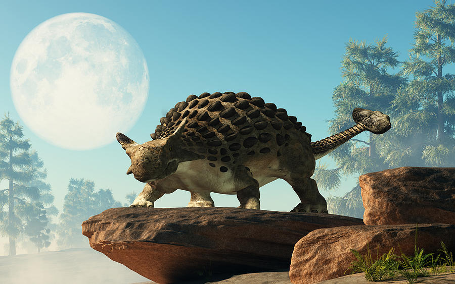 Ankylosaurus on a Rock Under the Moon Digital Art by Daniel Eskridge