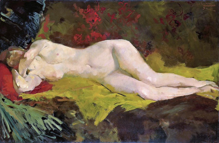 Anne, lying naked on a yellow cloth - Digital Remastered Edition Painting by George Hendrik Breitner