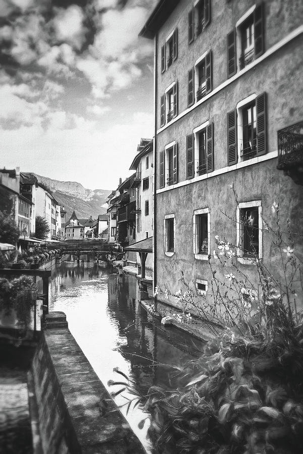 Annecy France European Canal Scenes Black and White  Photograph by Carol Japp