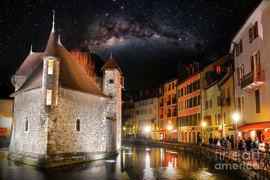Architecture Photograph - Annecy french city by night with beautiful starry sky by Gregory DUBUS