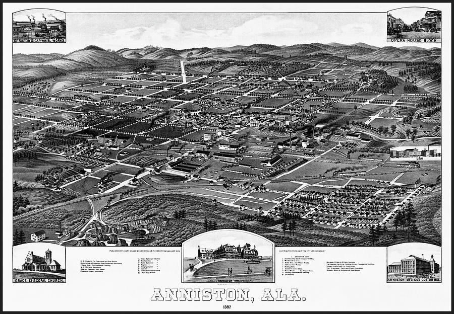 Anniston Alabama Historical Vintage Map Birds Eye View 1887 Black and White  Photograph by Carol Japp