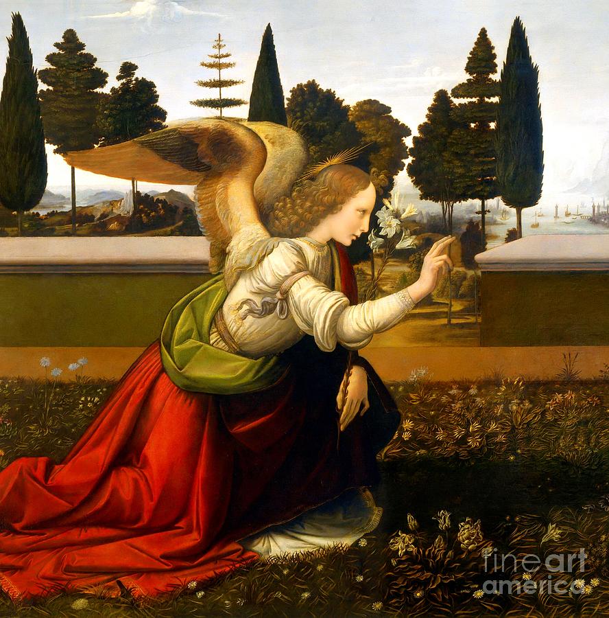 Annunciation detail 1. Painting by Leonardo da Vinci