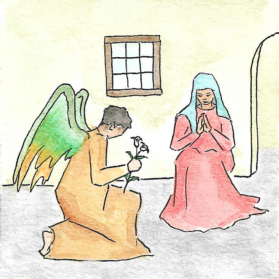 Annunciation - Infancy Narratives - Joyful Mysteries Painting by Joan