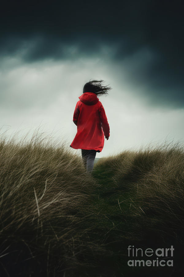 Anonymous Woman In Red Coat Seen From Behind In Windy Weather Photograph by Lee Avison