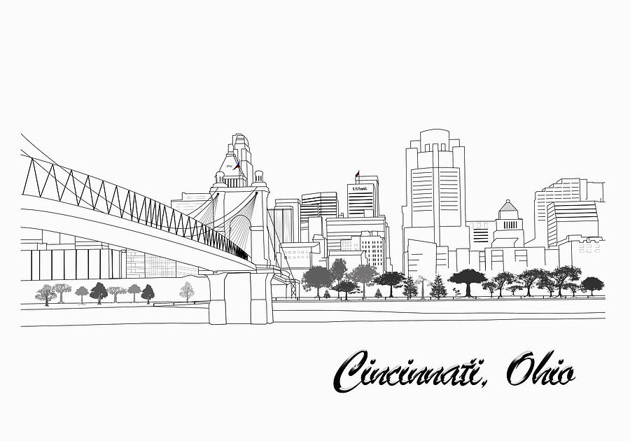 Another Cincinnati Skyline Drawing with Title Mixed Media by Ed Taylor