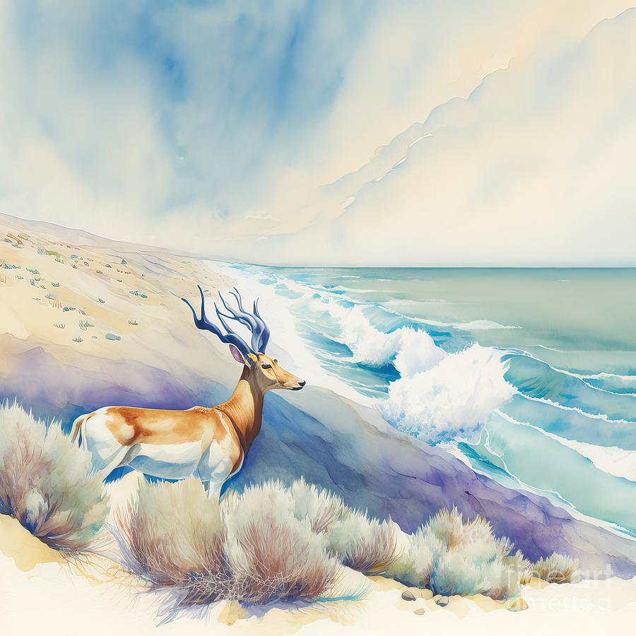 Nature Painting - Antelope at the beach watercolor by N Akkash