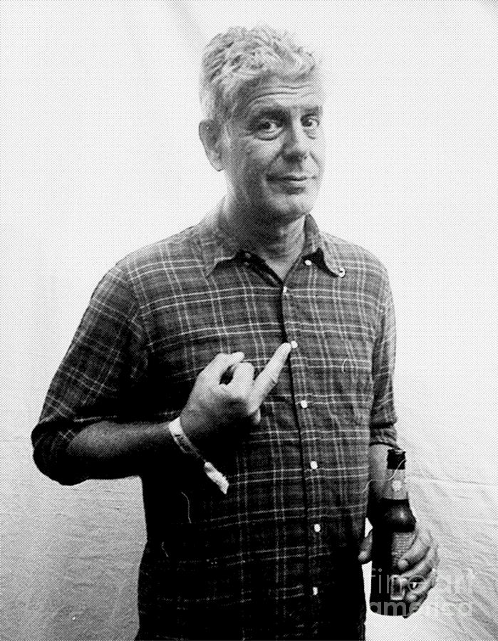 Anthony Mixed Media - Anthony Bourdain middle finger and drinking beer by Premium Artman