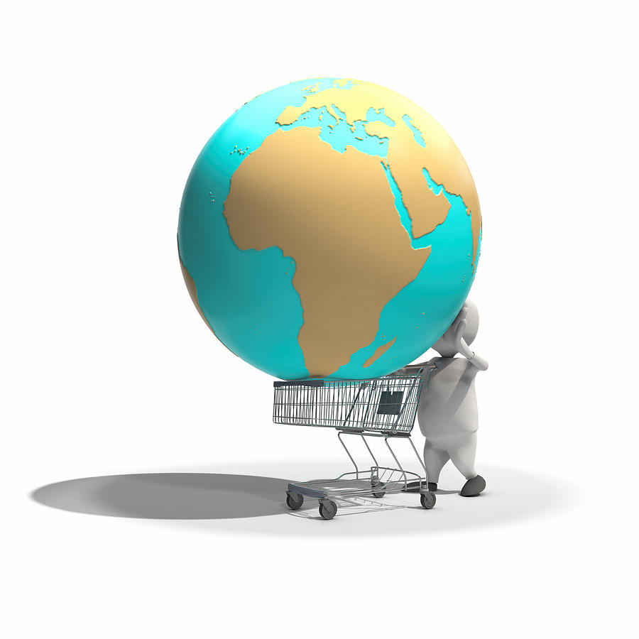 Anthropomorphic figure having globe in shopping cart, CGI Drawing by Stock4b-rf