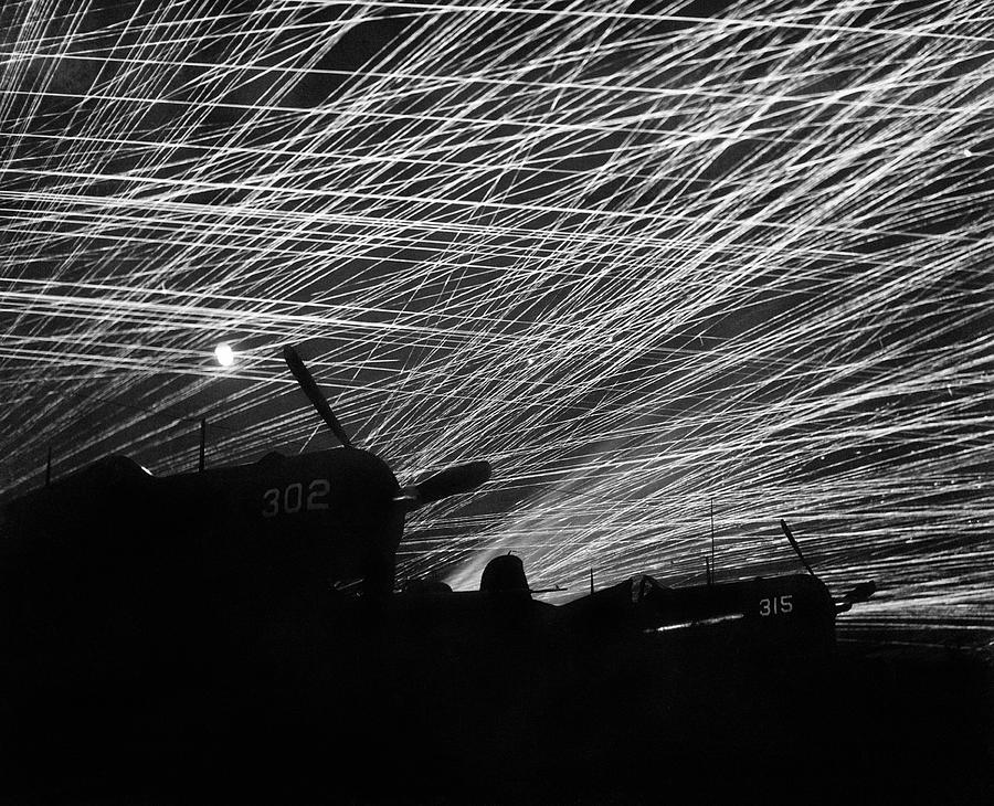 Anti-Aircraft Fire Over Yontan Airfield - WW2 Okinawa 1945 Photograph by War Is Hell Store