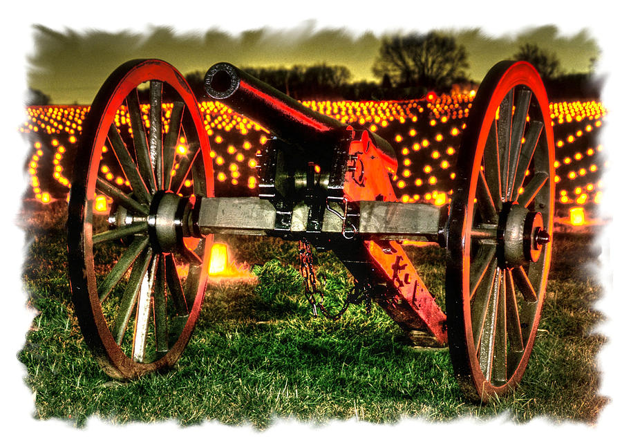 Antietam Memorial Illumination - Artillery Piece and Luminaries Northeast Towards the Mumma Farm Photograph by Michael Mazaika
