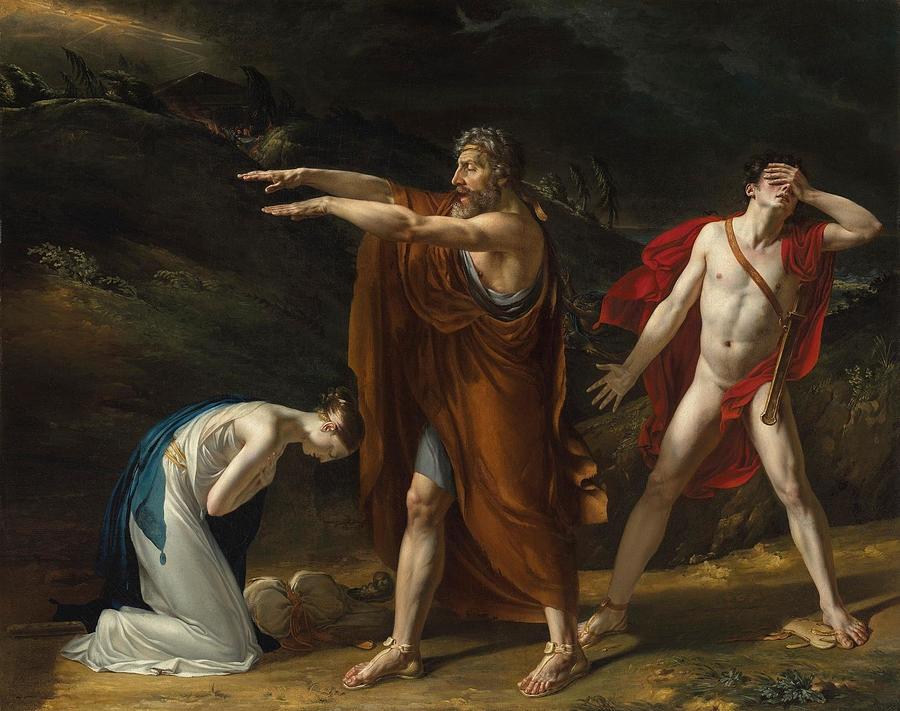 Antigone imploring Oedipus to lift his curse from Polynices Drawing by