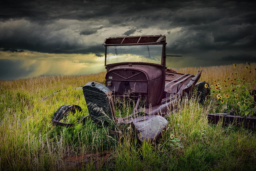 Antique Auto Wreck Abandoned on the Prairie Photograph by Randall Nyhof