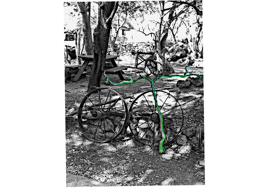Antique bicycle with green handlebars Digital Art by Kathleen Boyles